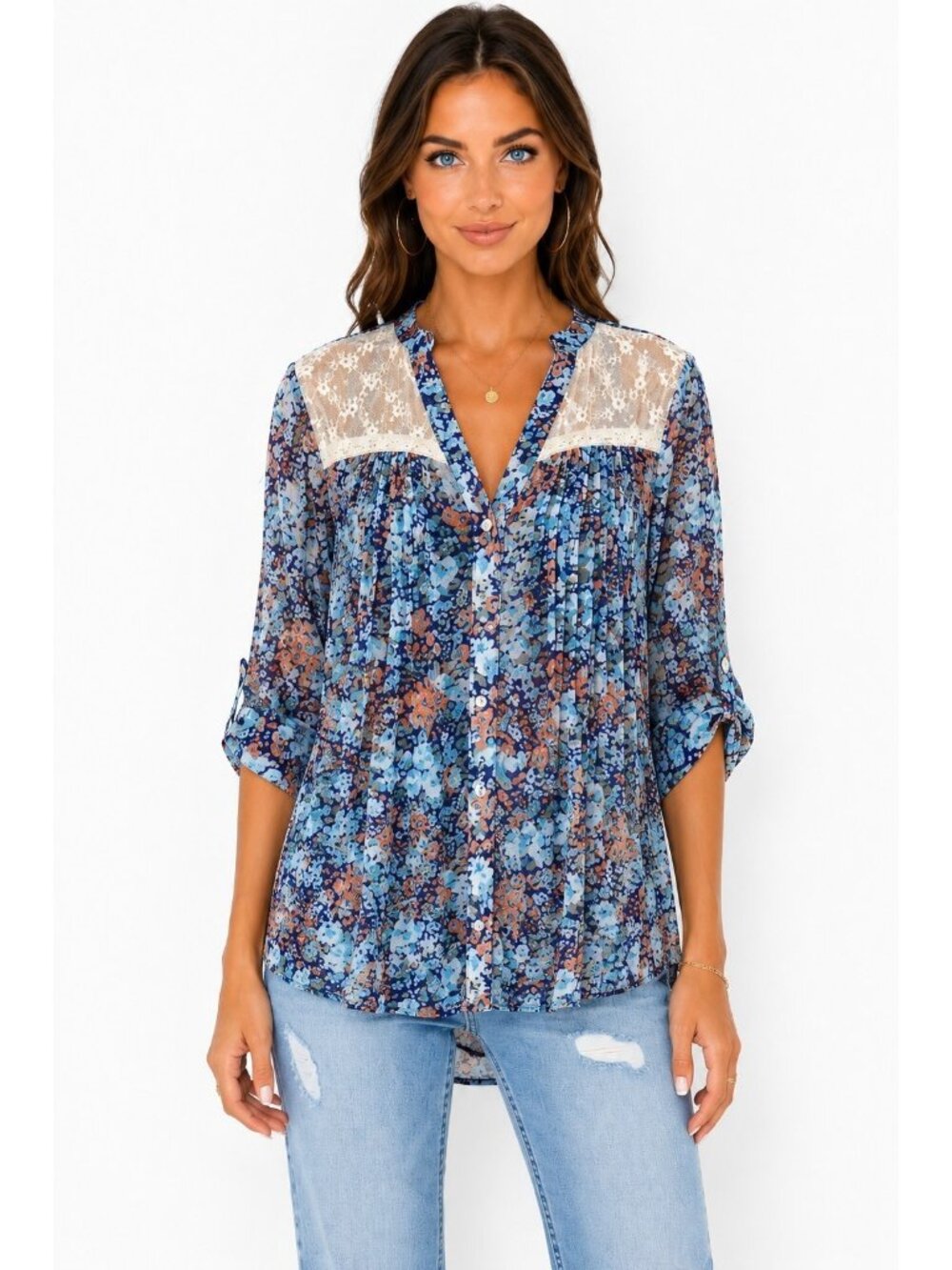 American Rag Cie Entypo Blue Floral Boho Peasant Top Lace Trim Medium - Picture 9 of 9